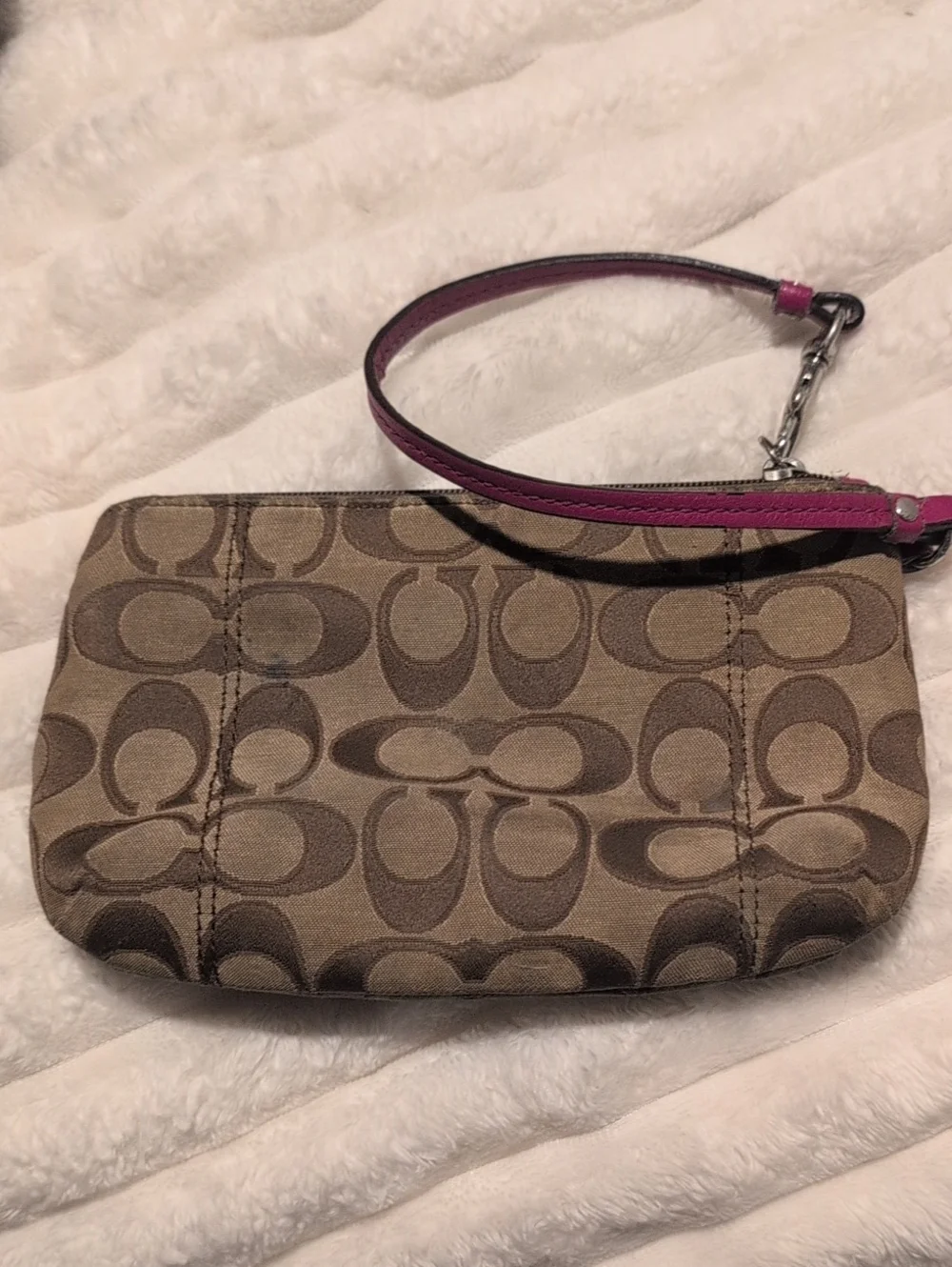 Coach Brown Signature Wristlet with Pink Trim